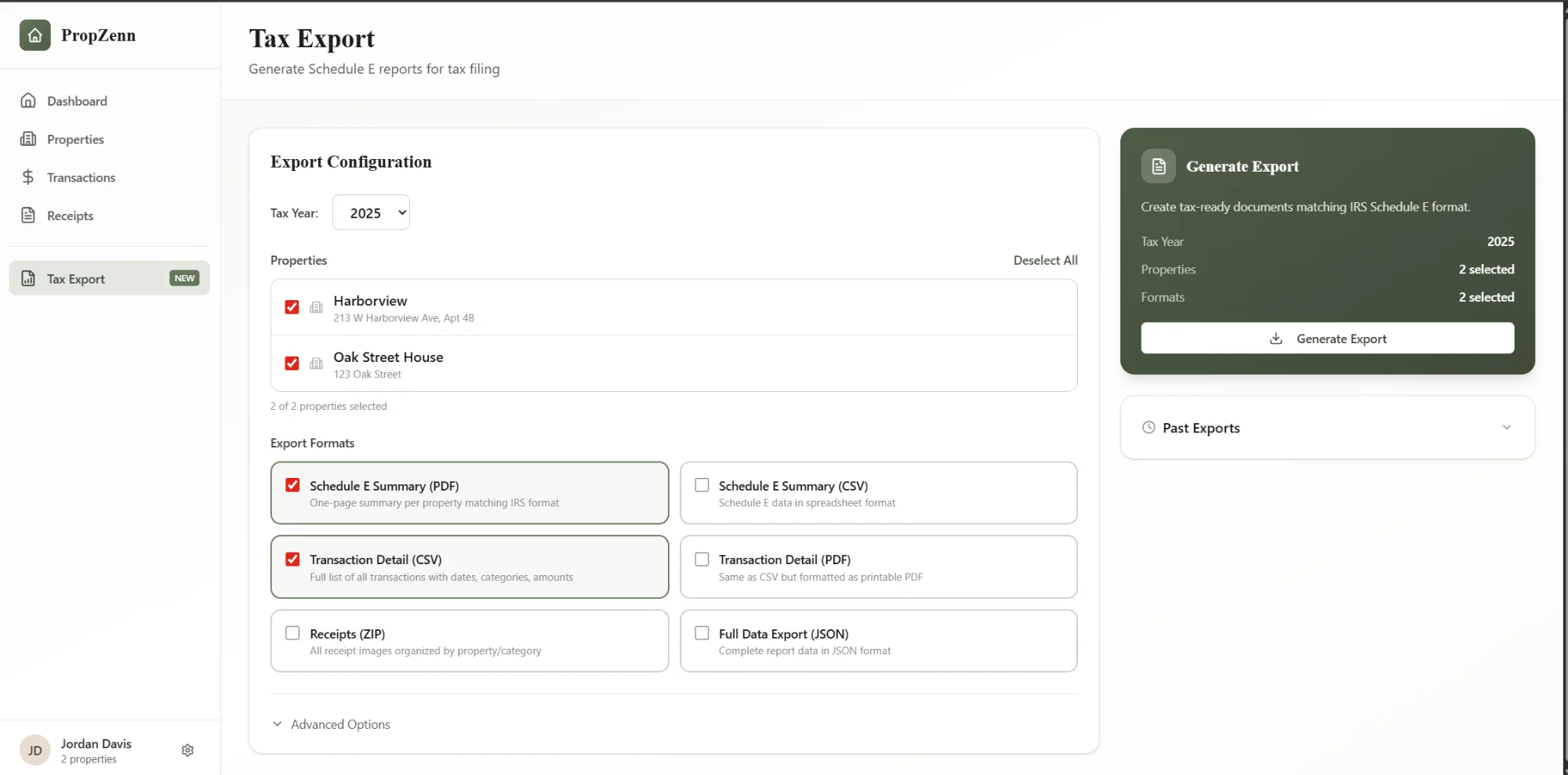 PropZenn Tax Export page - Generate Schedule E PDF and CSV reports for tax filing